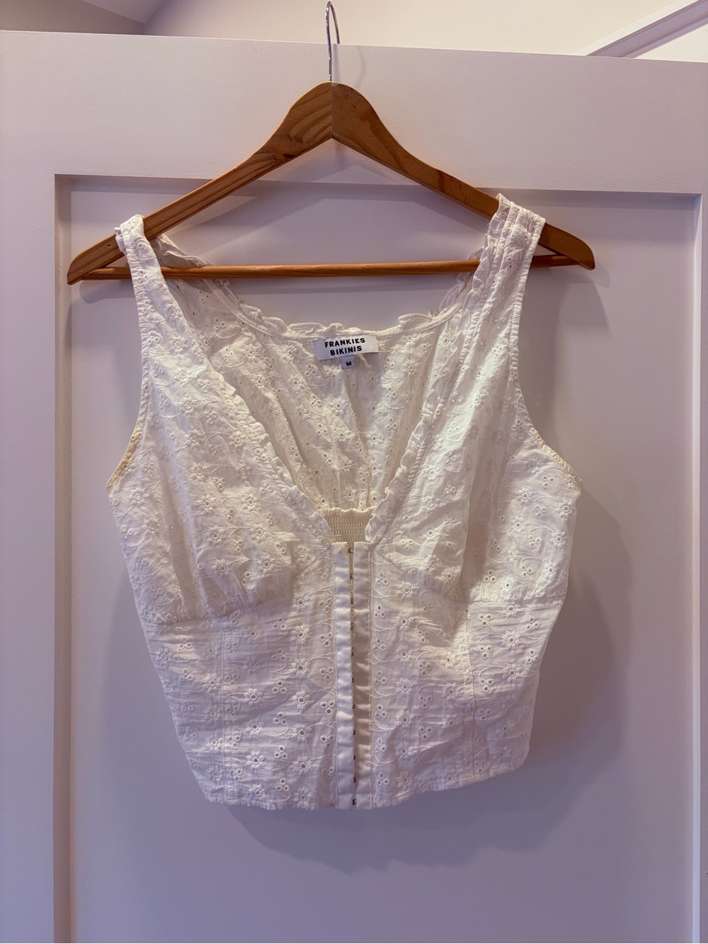 Frankie's Bikinis White Eyelet V-Neck Cropped Tank